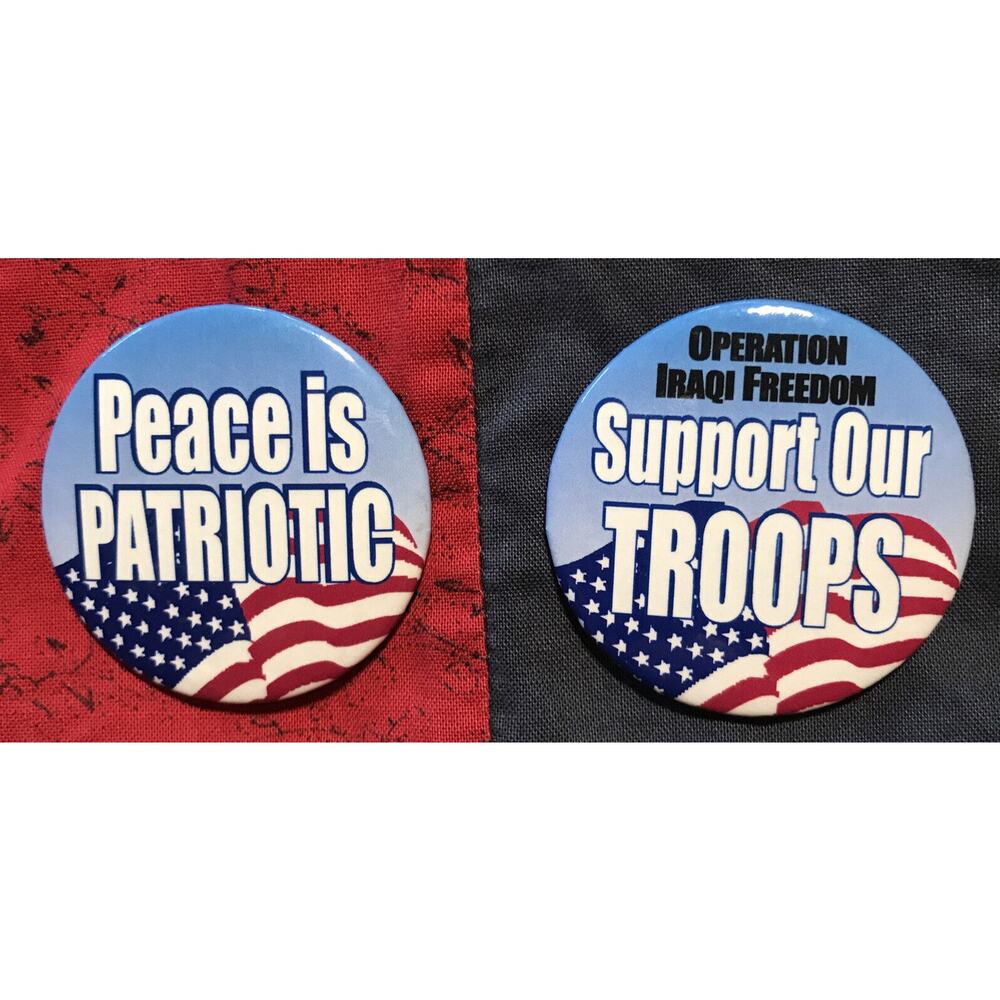 Pinback Buttons Pins Set of 2 Patriotic 1.75" Support Troops Peace is‎ Patriotic